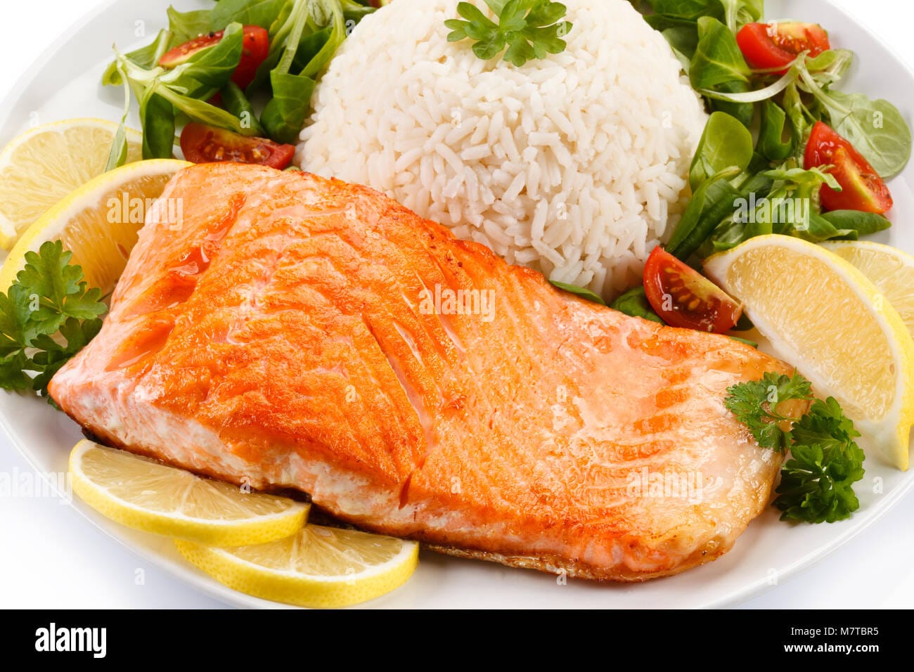 Grilled Salmon with Rice. Calorie 122, Protein 20, Carbs 04, Fat 1.3