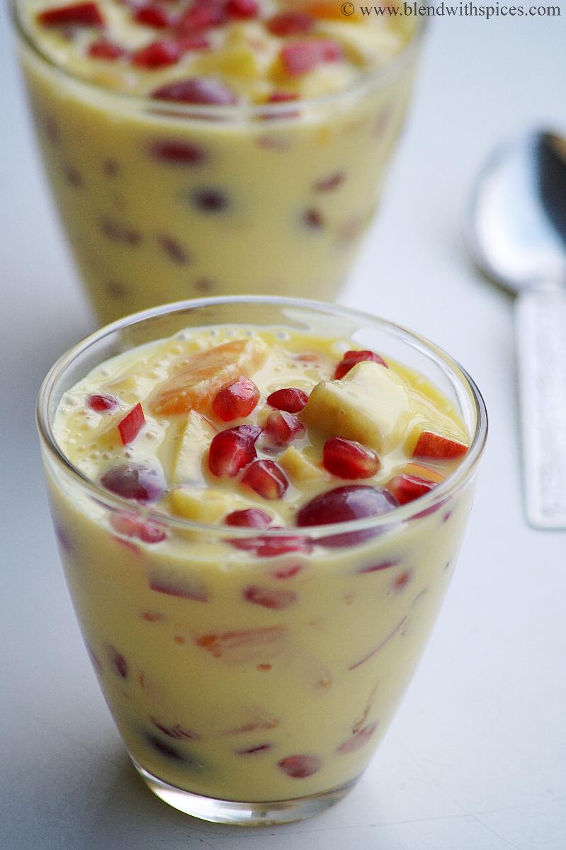 Custard Fruits. Calorie 225, Protein 10, Carbs 22, Fat 17