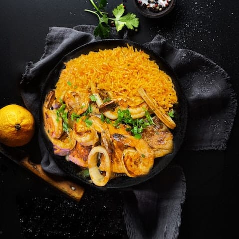 Shrimp Biriyani Calorie 327.9 , Protein 31.8, Carbs 36 , Fat 6.3