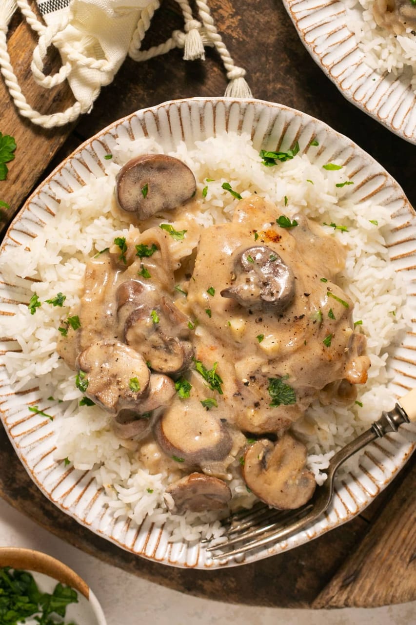 Mushroom Cream Chicken with Rice. Calories 191, protein 24.6, carbs 43, fat 14
