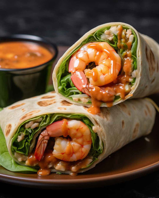 Shrimp  wrap.  Calorie  309, Protein  17.2, Carbs 34.5, Fat 11