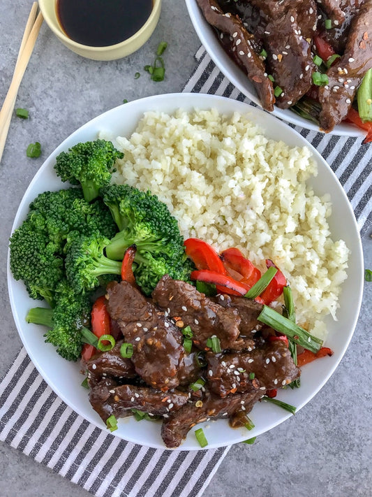 BBQ Beef with Rice.  Calorie 262, Protein 33, Carbs 7.4, Fat 12