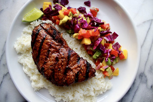 Grilled Beef with Rice.  Calorie 172, Protein 23, Carbs 4.5, Fat 6.7