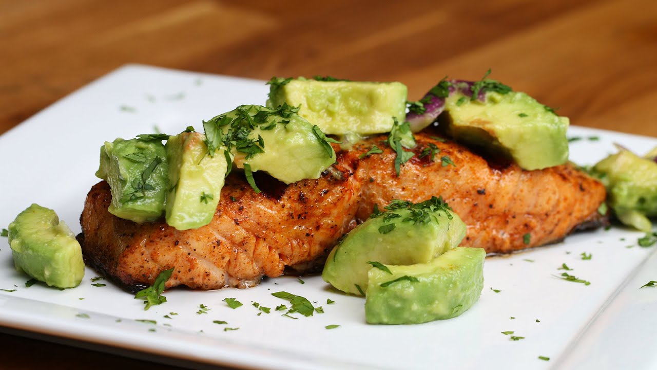 Salmon with Avocado.  Calorie 226, Protein 26, Carbs 05, Fat 11.4