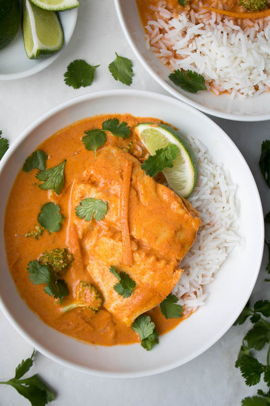 Fish Curry.   Calorie  220, Protein 22.3, Carbs 29.8, Fat 3.8