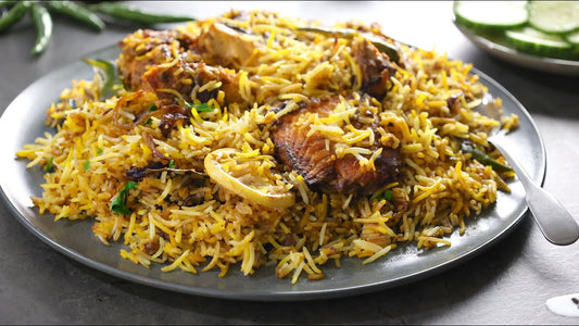 Fish Biriyani. Calorie 338, Protein 26, Carbs 42, Fat 07