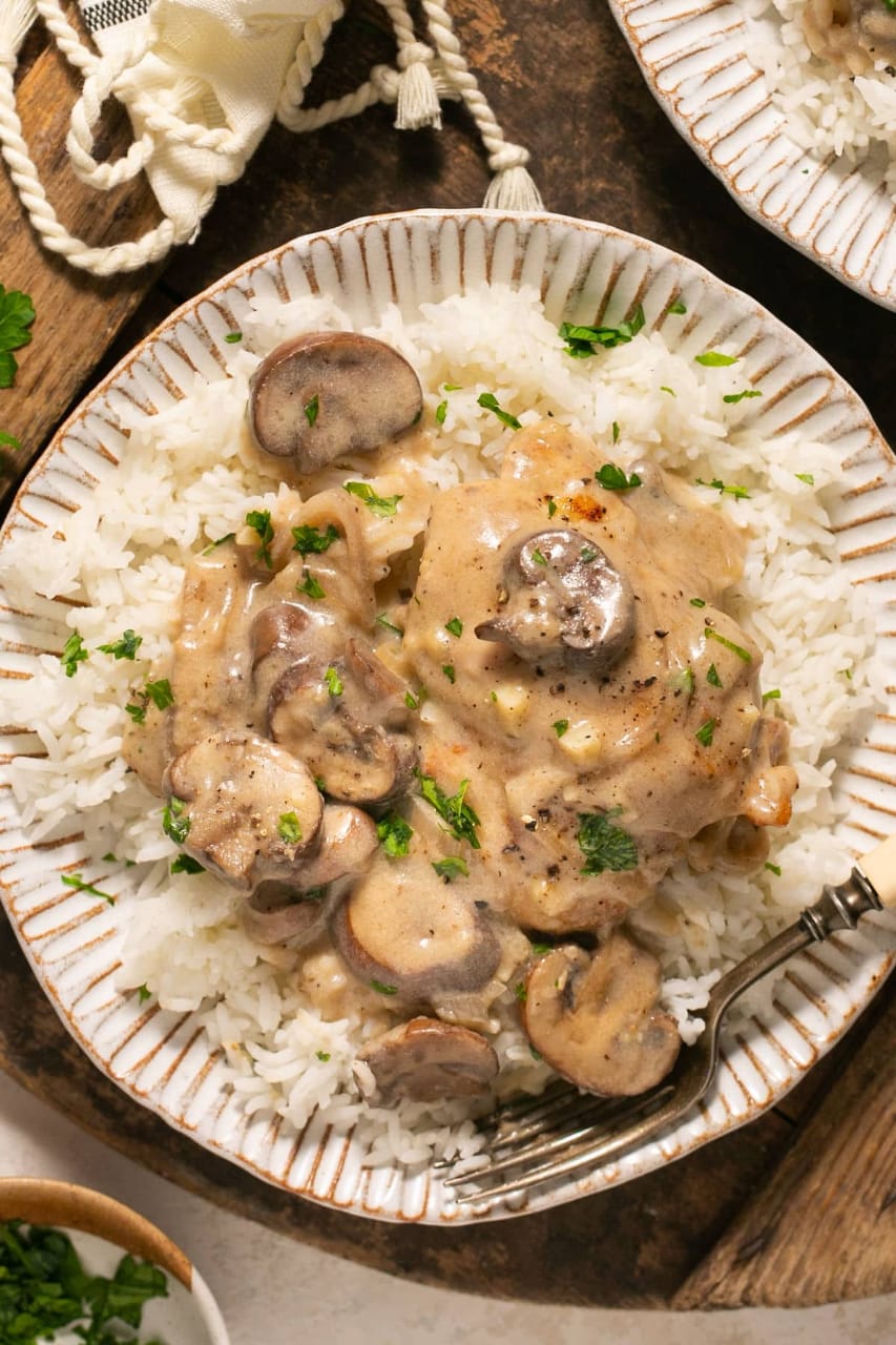 Mushroom Cream Chicken with Rice.  Calories 191, protein 24.6, carbs 43, fat 14