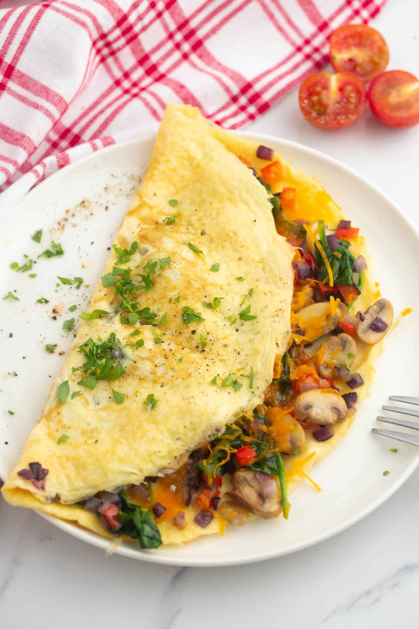 Vegetables omelette.   Calorie 227, Protein 20, Carbs 30, Fat 03